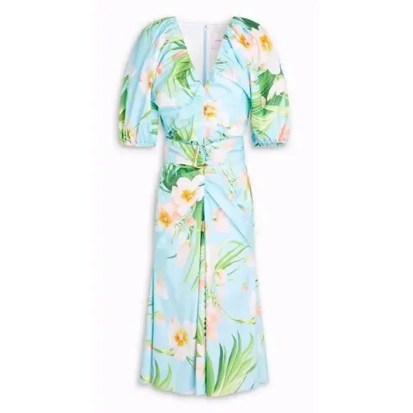Carolina Herrera Blue Floral-Print Ruched Poplin Sleeve MIDI Dress Size 8 (V3 - Picture 4 of 9